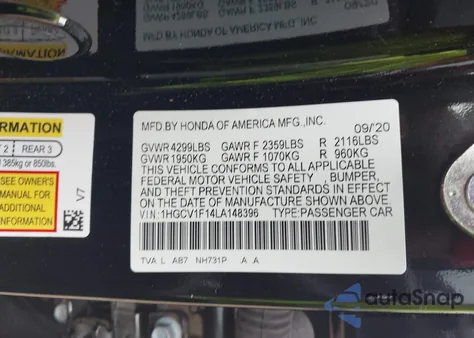 2020 Honda Accord Lx z USA, uszkodzony, nr VIN 1HGCV1F14LA148396